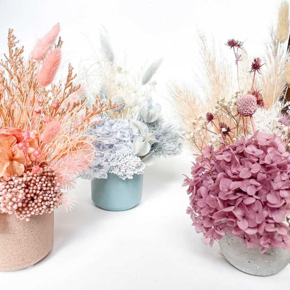 Small petite mini floral arrangements in a range of colours. Full of dried and preserved flowers that will last for years. Sitting in a 6cm pot, with an overall arrangement height of 20-25cm, this arrangement is perfect for a side table or desk.