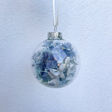 Load image into Gallery viewer, Individually packaged clear glass Christmas bauble filled with blue and aqua preserved flowers. Unique Christmas tree decoration created by Melbourne florist Joyful Blooms. Perfect gift option for teachers gifts, stocking fillers, Christmas table settings.

